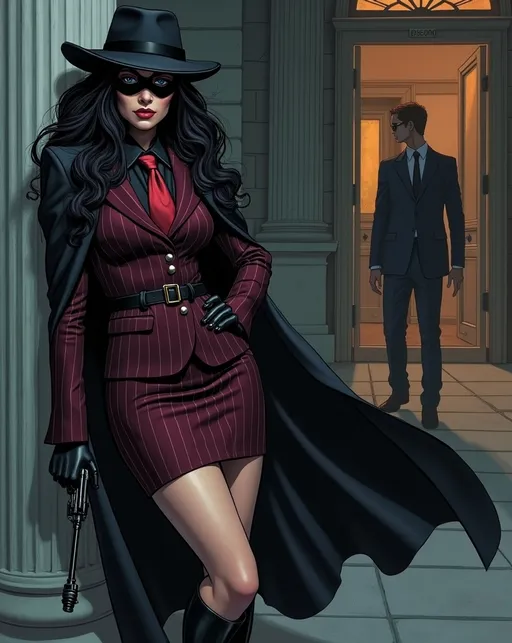 Prompt: photorealistic Graphic novel heroine The Shadowess is a Tall beautiful Eurasian woman with long raven hair, (piercing blue eyes), upturned brows, intense gaze, wearing a black fedora, domino mask, black cape, maroon pin-striped suit with pencil skirt & black blouse, crimson tie, well endowed, long shapely legs, black knee-length boots, holding a gas gun, (leaning against a column in the shadows) outside an office building shrouded in dark mystery as she watches a suspected criminal, nightscape, sharp focus, capturing the dark suspense and danger of the dramatic scene, high detail & quality, 8k, film noir vibe, cinematic digital imagery.