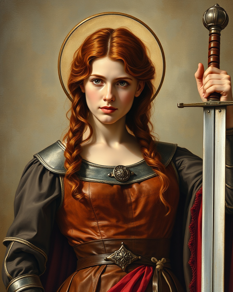 Prompt: Saint Joan of Arc, beautiful, auburn hair, well endowed, sword wielding hero