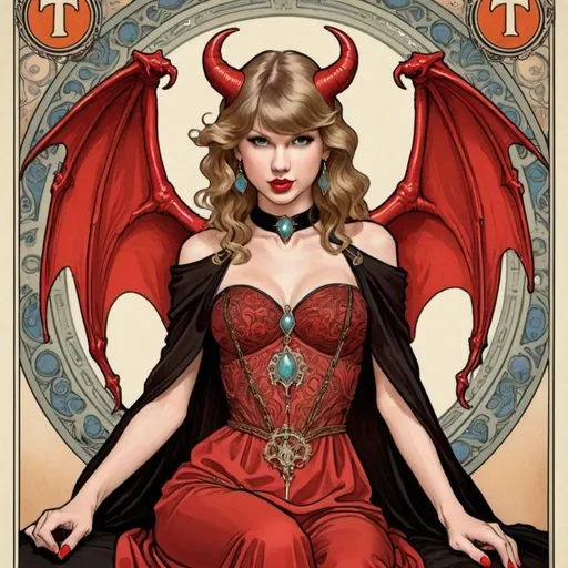 Prompt: Taylor Swift as The Devil Rider-Waite Tarot card by Alphonse Mucha