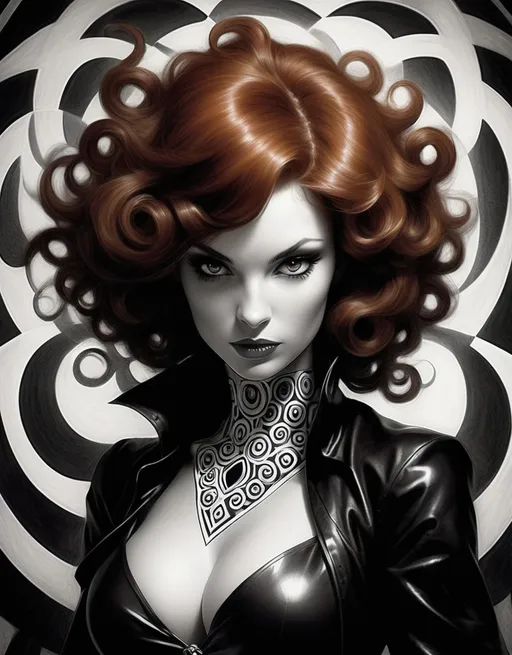 Prompt: Julia Dream, the sorceress hero known as Illusion Girl, beautiful, well endowed, auburn hair, curls, black and white op art patterns, by Ben Templesmith