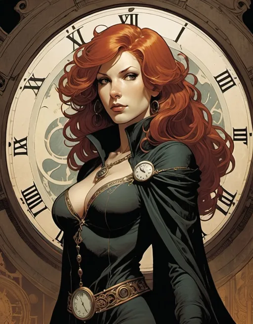 Prompt: Lynia Tempus, The Sorceress Of Time And Space, beautiful, well endowed, red hair, soft curls, a halo of clocks behind her, detailed, dark colors, dramatic, graphic novel illustration,  2d shaded retro comic book by Adam Hughes