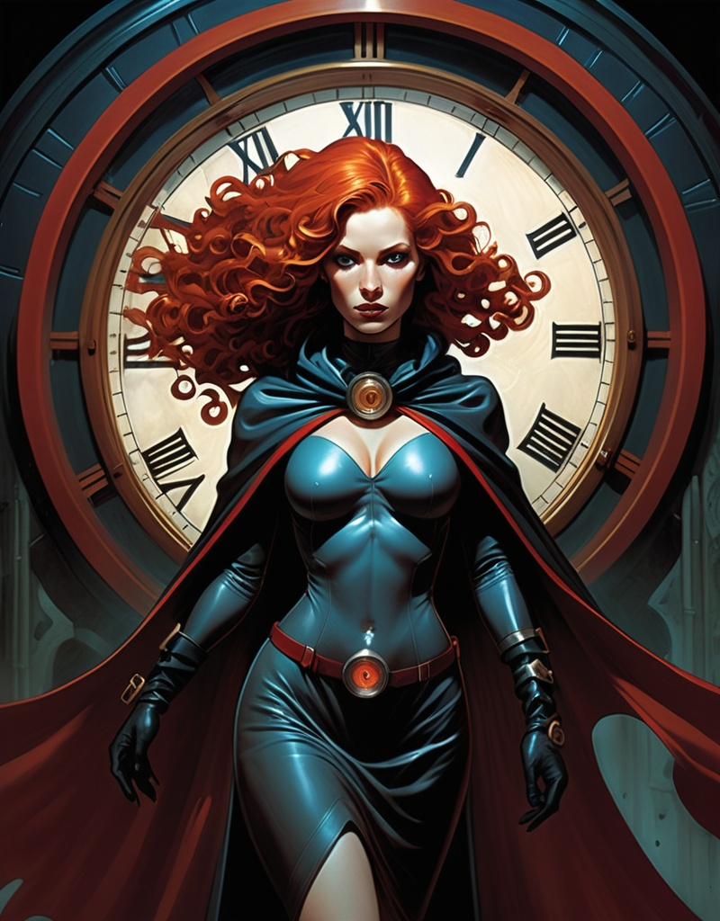 Prompt: Cloaked female superhero Lynia Tempus, The Sorceress Of Time And Space, beautiful,  red hair, curls, haunting,  well endowed, a halo of clocks behind her, detailed, dark colors, dramatic, full body pose graphic novel illustration,  2d shaded retro comic book by Dave McKean