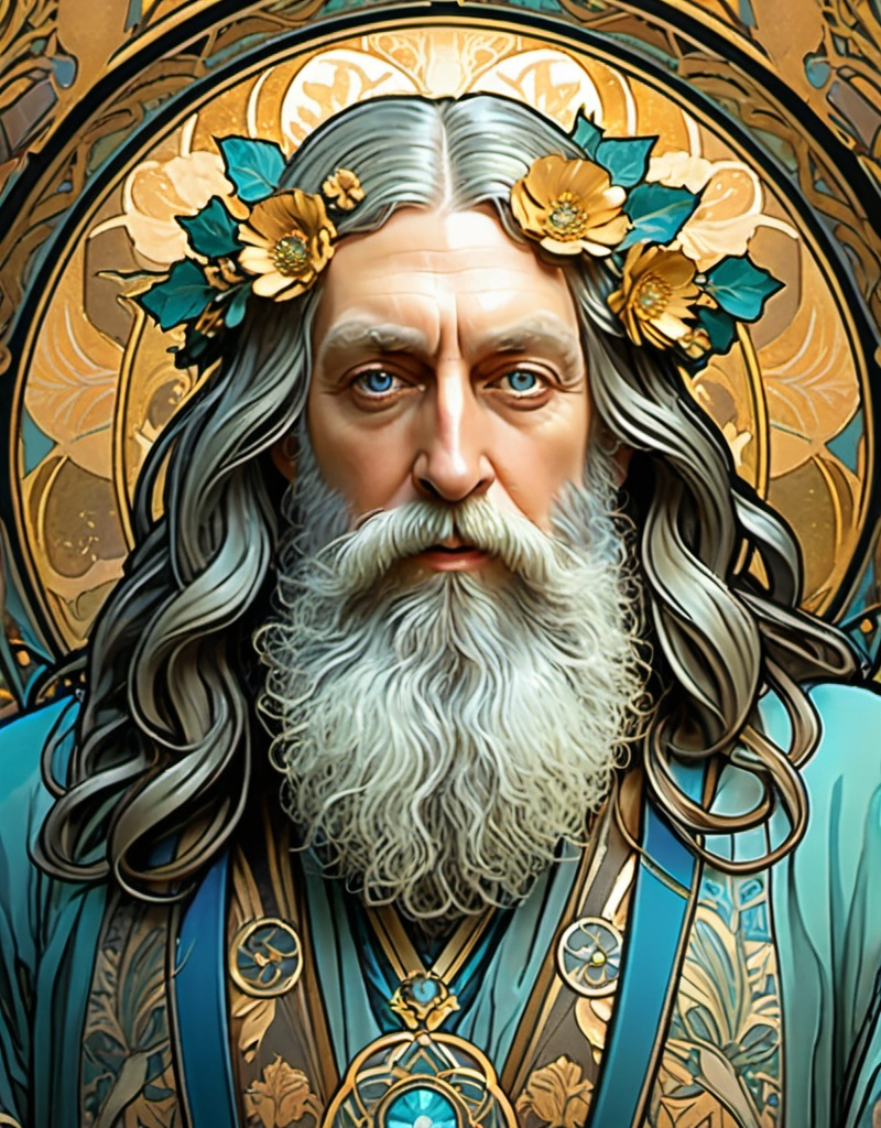 Prompt: Alan Moore as The God Of Authors by Alphonse Mucha