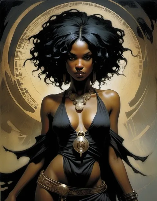 Prompt: Mage Ebony, bohemian, beautiful, black hair, well endowed, Earth's paranormal protector against the forces of darkness by Dave McKean