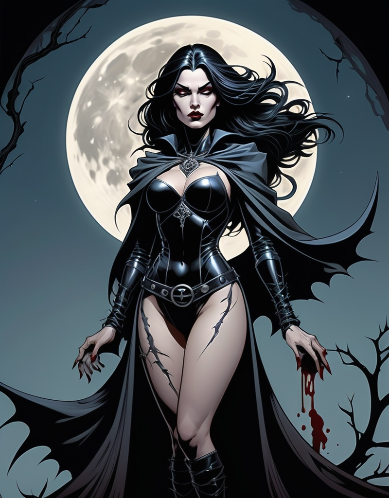 Prompt: Gothic female superhero The Witch Of Thorns, raven hair, beautiful, haunting,  well endowed, a halo of the moon, blood and thorns behind her, detailed, dark colors, dramatic, full body pose graphic novel illustration,  2d shaded retro comic book by Jim Balent