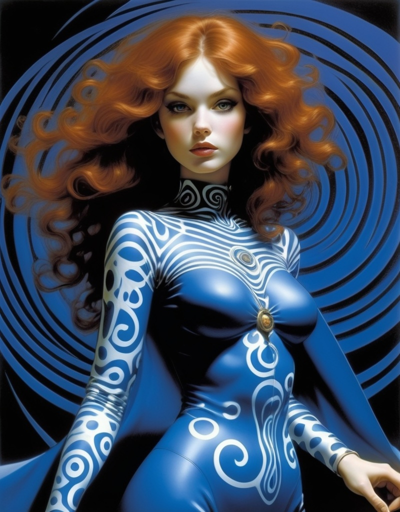 Prompt: Julia Dream, the sorceress hero known as Illusion Girl, beautiful, well endowed, auburn hair, curls, royal blue  op art patterns, spell casting by Dave McKean