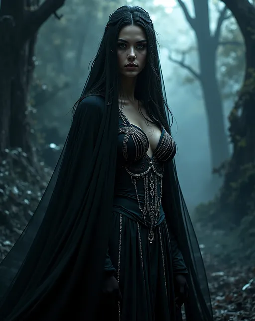 Prompt: The Queen of Shadows, (mysterious), enigmatic figure draped in flowing dark robes, intricate silver detailing, (elegant pose), surrounded by swirling shadows, ethereal glow in her eyes, (dramatic lighting) casting shadows on a hauntingly beautiful background, (dark forest or ancient castle), high depth, cinematic quality, (magical ambience), deep contrast between light and dark, (ultra-detailed) atmosphere filled with intrigue and elegance.