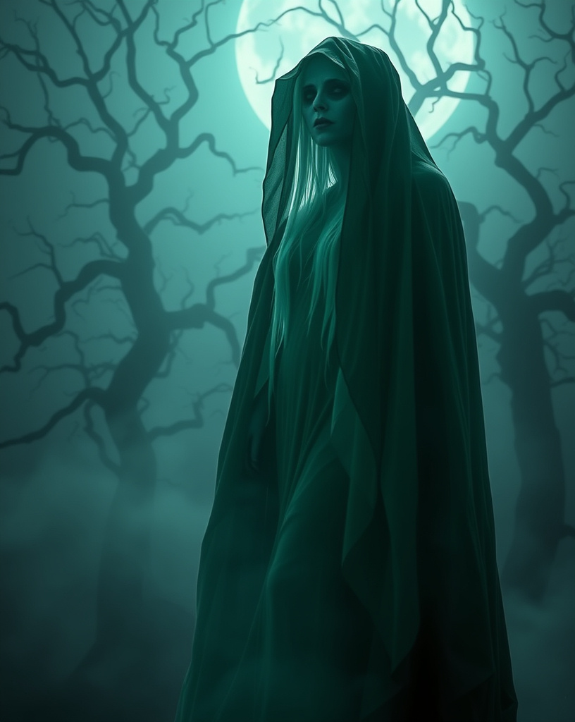 Prompt: (mysterious cloaked well endowed female figure in green and white with pale skin) The Spectre stands shrouded in ethereal mist, an aura of enigma surrounding it, (gloomy ambiance) illuminated by pale moonlight. The background features twisted, shadowy trees, (haunting atmosphere) creating a sense of foreboding and intrigue, (highly detailed, 4K) depicting the essence of ghostly allure and mystery.