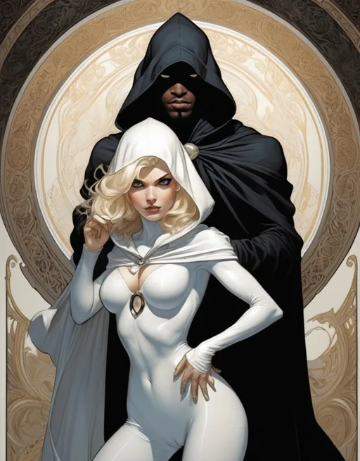 Prompt: Marvel Comics Cloak And Dagger, beautiful, well endowed white female in white and hooded black male in black, detailed, dark colors, dramatic, graphic novel illustration,  2d shaded retro comic book by Alphonse Mucha