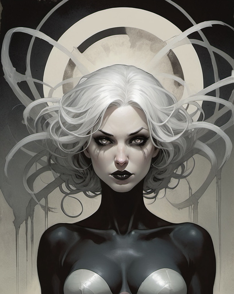 Prompt: Born out of darkness, harbinger of evil, she is Exquisite Corpse, sworn enemy of The White Spider.  Beautiful, haunting, grey hair, well endowed, deadly, with a halo of decay and dust behind her by Adam Hughes