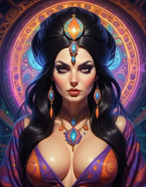 Prompt: Madame Guru, beautiful, dark hair, well endowed, psychedelic sorceress