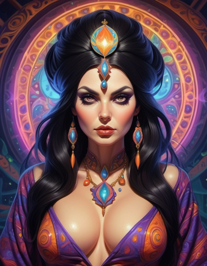 Prompt: Madame Guru, beautiful, dark hair, well endowed, psychedelic sorceress