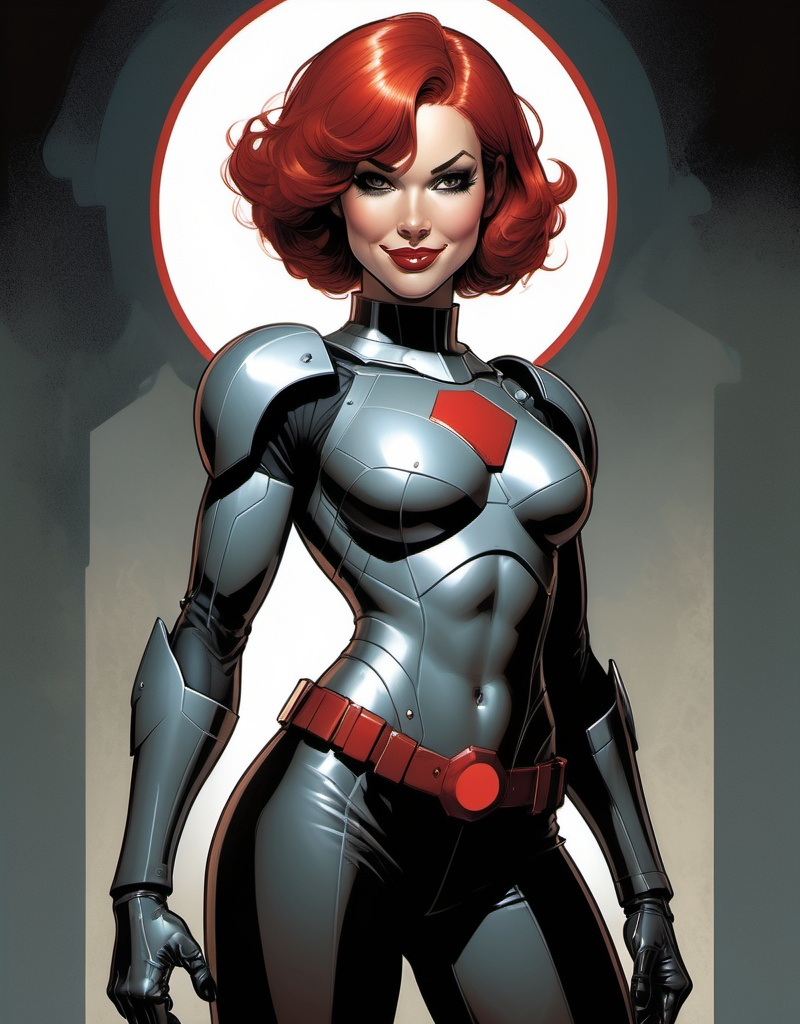 Prompt: Armoured female superhero Ms. Metal, beautiful, nice smile, short red hair, AI / human hybrid,  well endowed, a halo of digital images behind her, detailed, dark colors, dramatic, full body pose graphic novel illustration,  2d shaded retro comic book by Adam Hughes