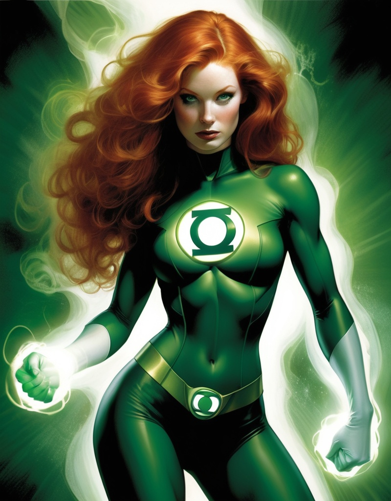 Prompt: Shauna Murphy, beautiful redhead, soft curls, well endowed, curves, as a Green Lantern showing the full extent of her powers by Dave McKean