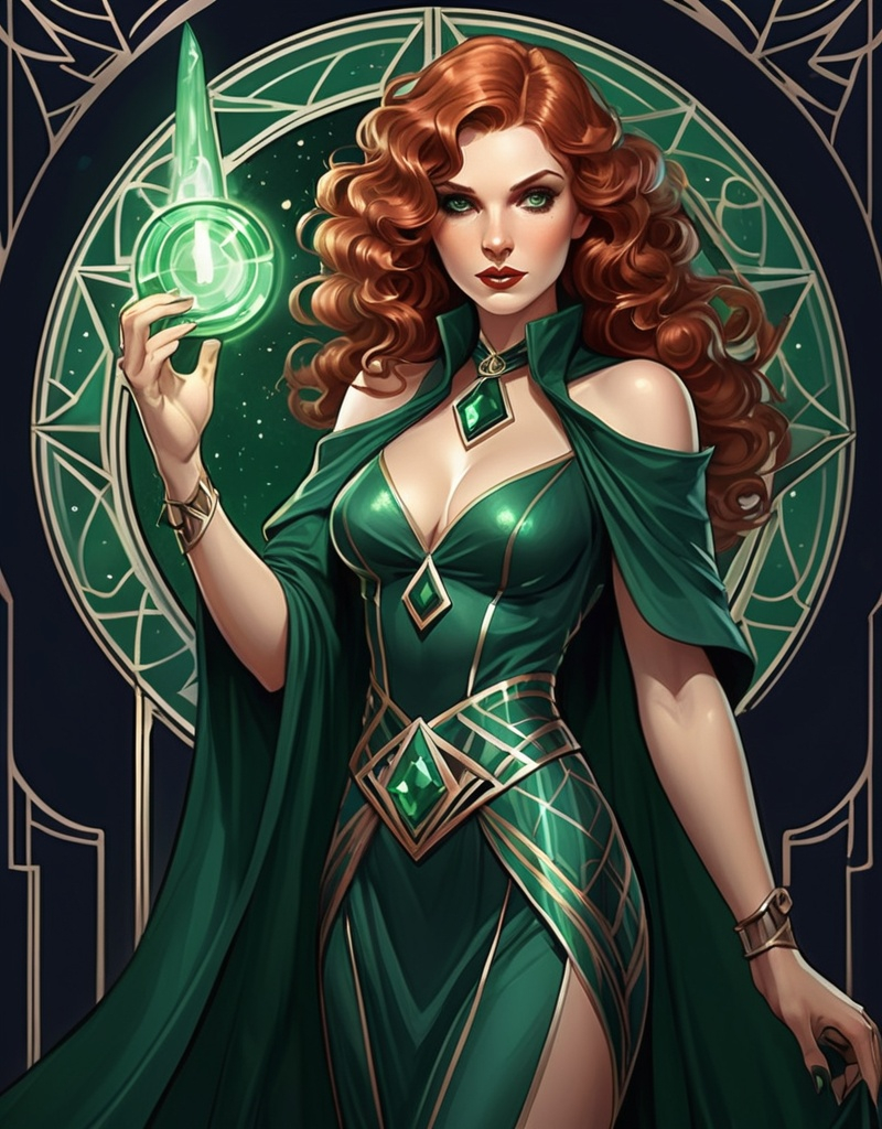 Prompt: Mage Emerald, art deco patterns, Irish, auburn hair, curls, well endowed, sorceress, heroine of the night, here to save the world from dark magic.