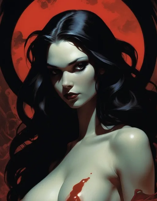 Prompt: In dreams she comes, a halo of blood and shadows behind her, the first wife of Adam, the beautiful, well endowed, daughter of darkness Lilith by Adam Hughes