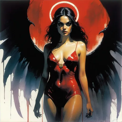 Prompt: Mila Kunis as Lilith Daughter Of Darkness, full body with a halo of blood and shadows behind her by Bill Sienkiewicz

