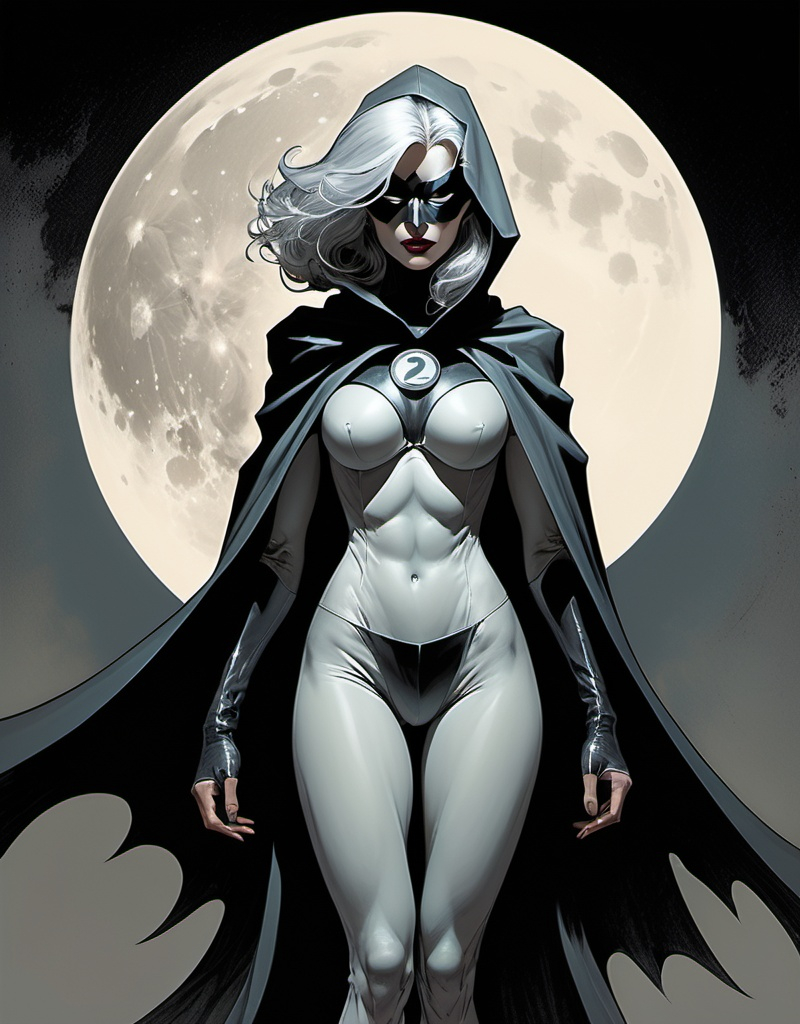 Prompt: Cloaked female superhero The Ghost Hawk, grey hair, beautiful, haunting, domino mask, well endowed, a halo of the moon behind her, detailed, dark colors, dramatic, full body pose graphic novel illustration,  2d shaded retro comic book by Dave McKean