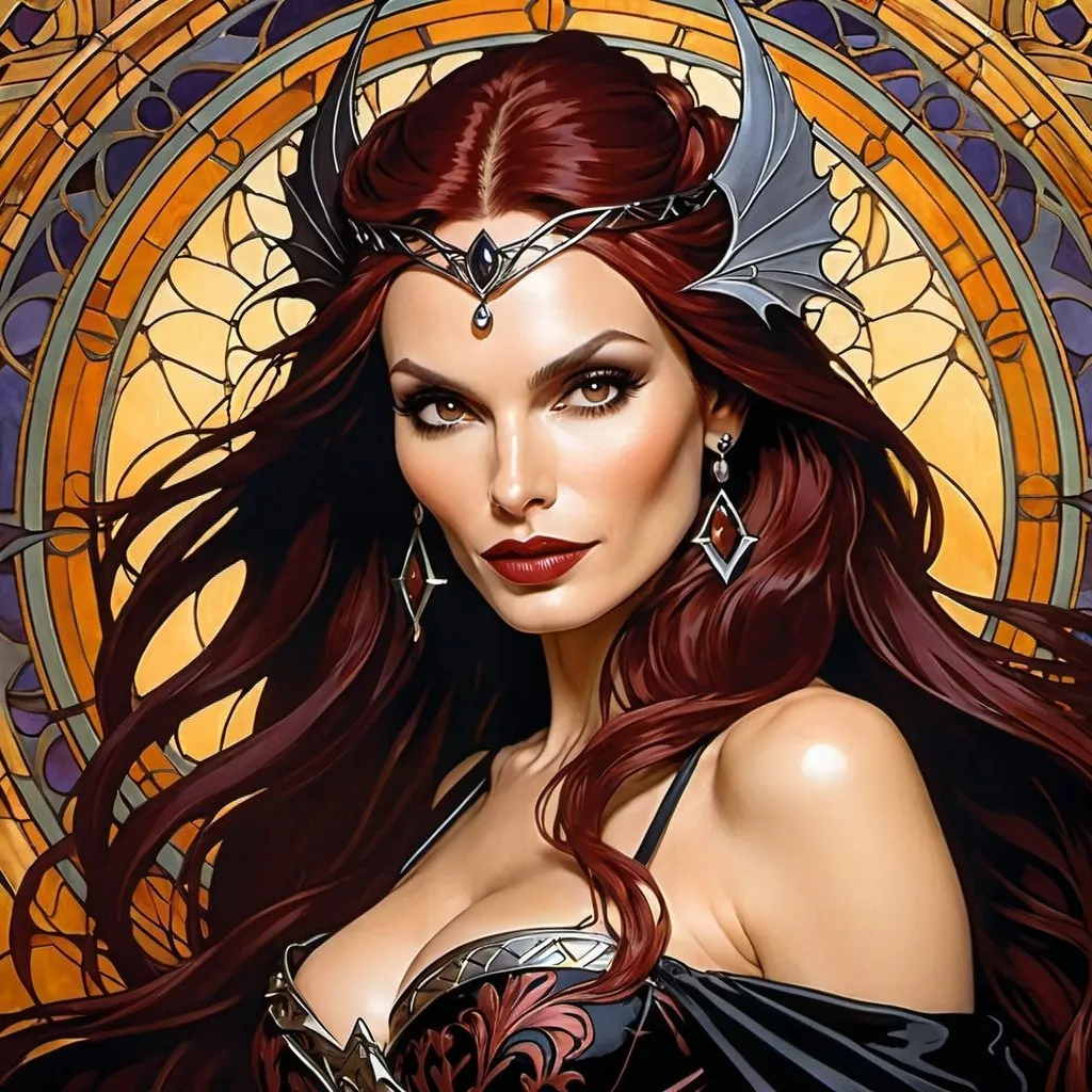 Prompt: Famke Janssen as Madelyne Pryor The Goblin Queen by Alphonse Mucha 