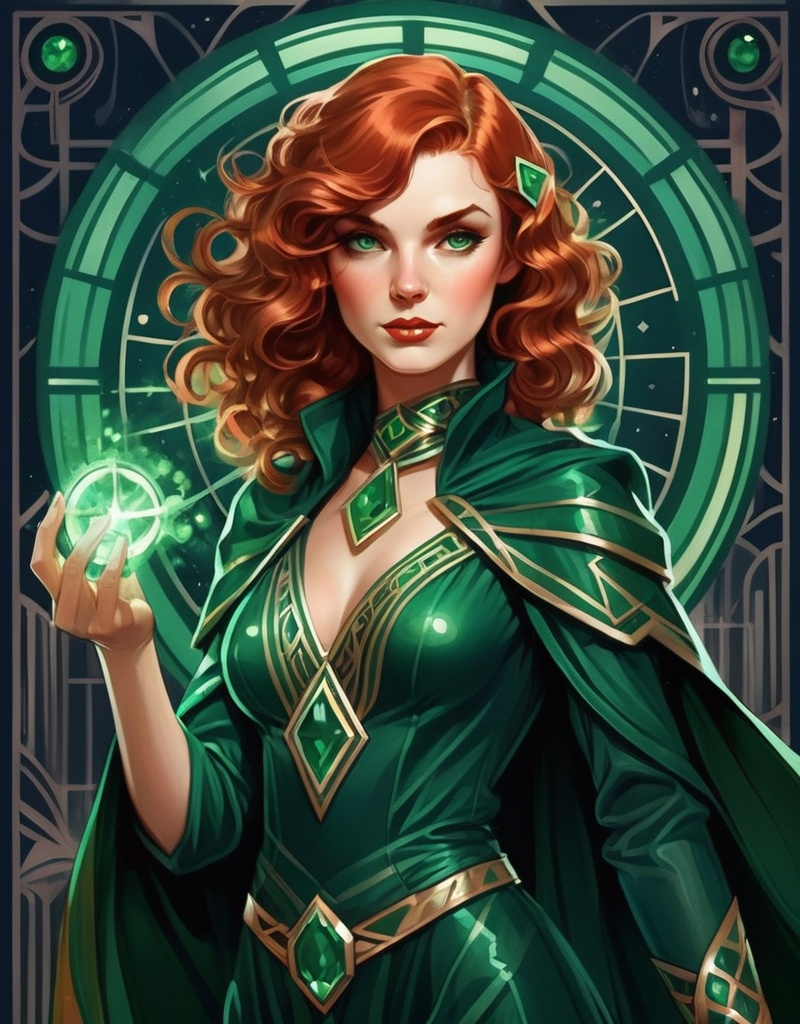 Prompt: Mage Emerald, art deco patterns, Irish, auburn hair, curls, well endowed, sorceress, heroine of the night, here to save the world from dark magic.