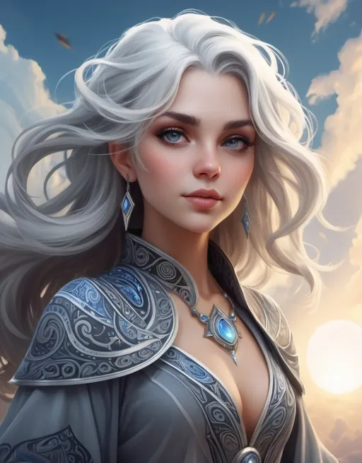 Prompt: Elodie, The Sky Sorceress, beautiful, well endowed, grey hair, paisley patterns, daughter of the sun.