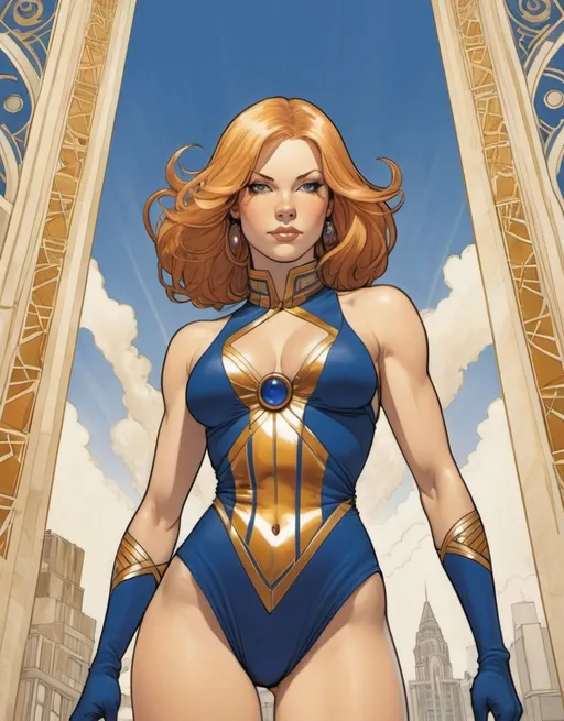 Prompt: Shauna Murphy, the giantess superhero known as Tower Girl, beautiful, blonde/auburn hair, royal blue and gold art deco patterns, soft gentle smile, standing 50 foot high, nemesis of evil by Adam Hughes.