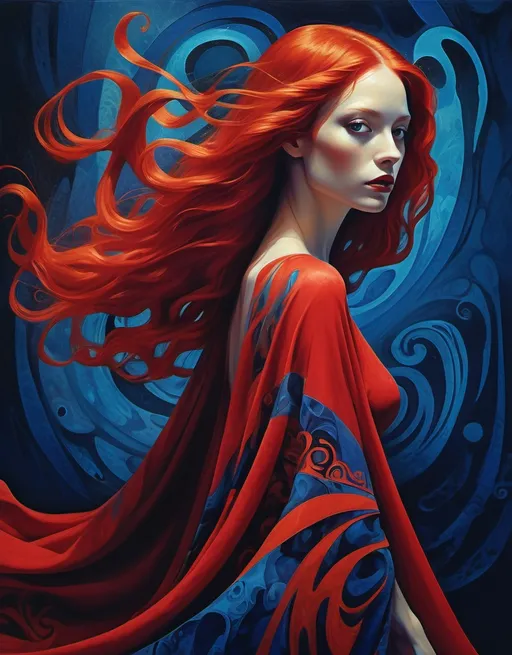 Prompt: Mage Crimson (painting of a woman in a striking red dress), vibrant, flowing red hair, red cape draping elegantly, (deep blue psychedelic background), surreal forms and patterns intertwining, created in the style of Dave McKean, rich color saturation, ethereal and dreamlike atmosphere, (intricate textures), visually captivating, 4K quality, poster art aesthetic.