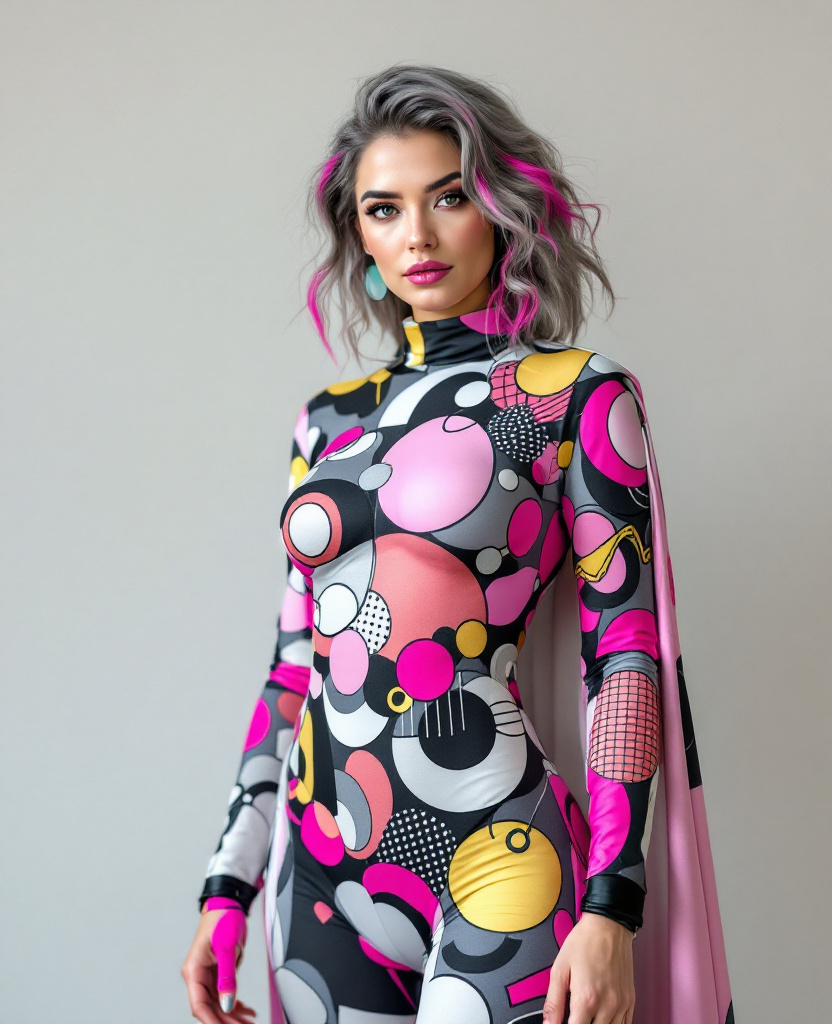 Prompt: Beautiful, well endowed, grey hair with pink highlights, she is the young superhero known as Madame Abstract with a costume of Dada art patterns. Full body shot.