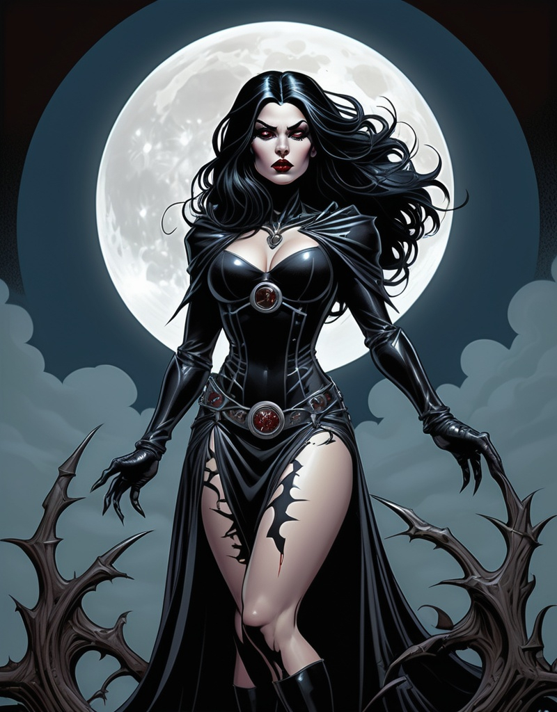 Prompt: Gothic female superhero The Witch Of Thorns, raven hair, beautiful, haunting,  well endowed, a halo of the moon, blood and thorns behind her, detailed, dark colors, dramatic, full body pose graphic novel illustration,  2d shaded retro comic book by Jim Balent