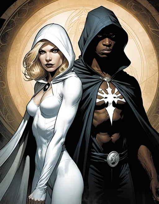 Prompt: Marvel Comics Cloak And Dagger, white female and hooded black male, detailed, dark colors, dramatic, graphic novel illustration,  2d shaded retro comic book by Ben Templesmith