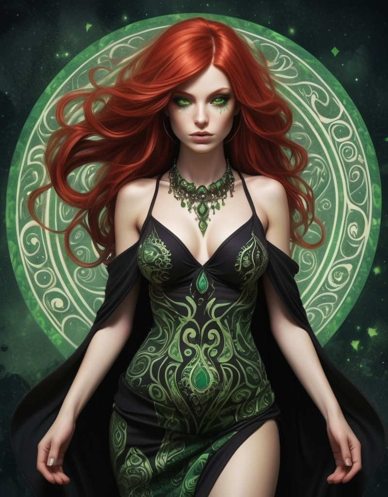 Prompt: Jesamine Flowerchild, elemental sorceress, beautiful, well endowed, red hair, green and black paisley patterns, emerging from the earth to save mankind from dark forces