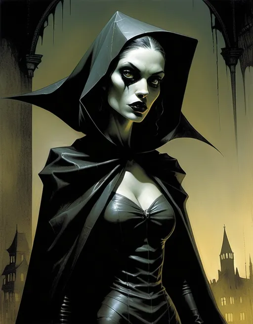 Prompt: Bridie Frankeinstein, tall, beautiful, stunning, gothic horror superhero she-monster in a cloak by Dave McKean