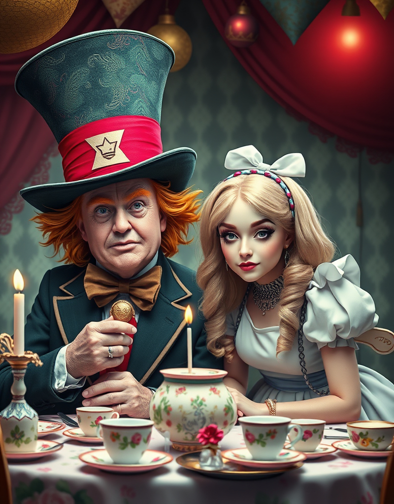 Prompt: Donald Trump as a completely  insane Mad Hatter and Elon Musk as a transgender Alice at the tea party