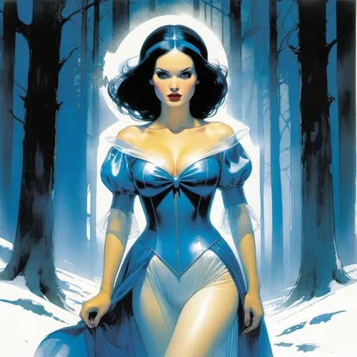 Prompt: From the dark woods appears a very well endowed Snow White in transparent blue bending forward by Bill Sienkiewicz
