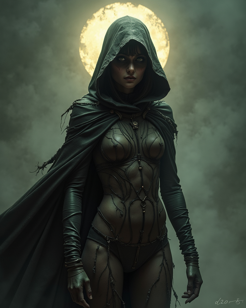 Prompt: Cloaked night time vigilante hero, The Tattered Woman, beautiful, full body costume of patches and rags, a halo of shadows behind her by Dave McKean