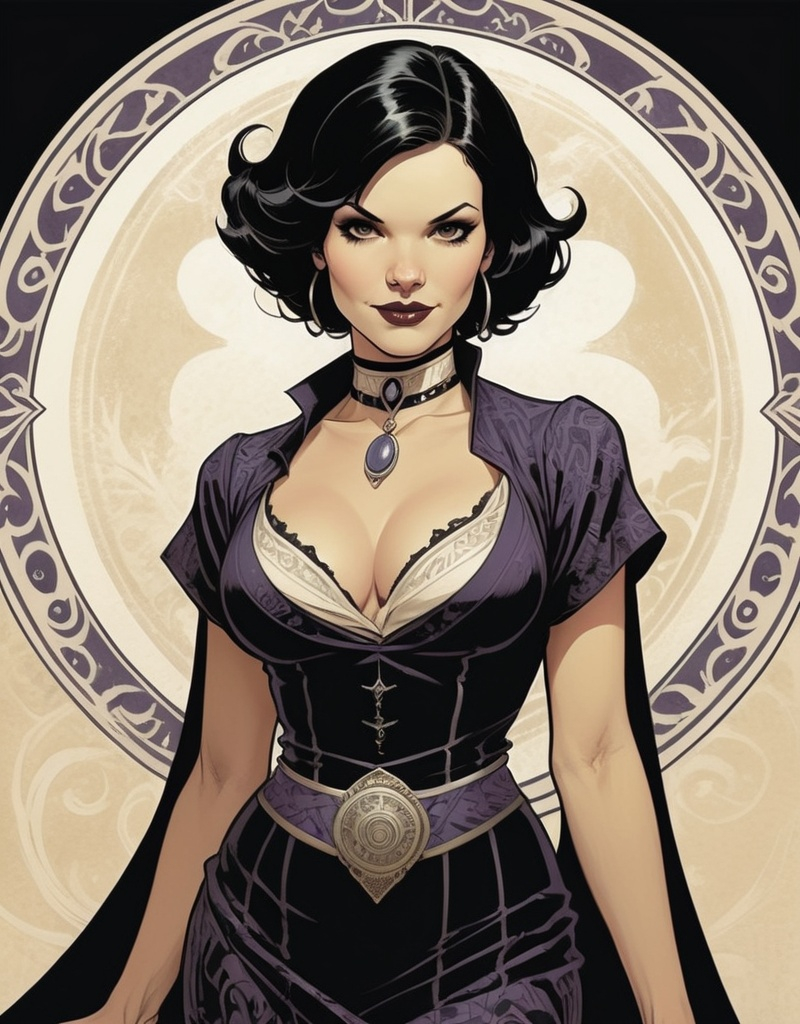 Prompt: Margo Preston, the bohemian sorceress hero known as Margo The Magician, beautiful, well endowed, short raven hair, cute gentle smile, black patterns, detailed, dark colors, dramatic, graphic novel illustration, 2d shaded retro comic book by Adam Hughes