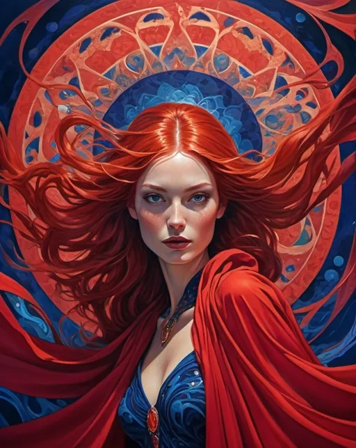 Prompt: Mage Crimson (painting of a woman in a striking red dress), vibrant, flowing red hair, red cape draping elegantly, (deep blue psychedelic background), surreal forms and patterns intertwining, created in the style of Barclay Shaw, rich color saturation, ethereal and dreamlike atmosphere, (intricate textures), visually captivating, 4K quality, poster art aesthetic.