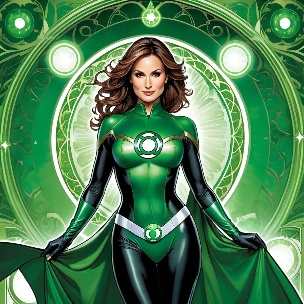 Prompt: Mariska Hargitay as Green Lantern by Alphonse Mucha