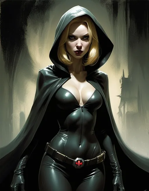 Prompt: Claire Voyant, anti-hero, dark spirit from Hell, blonde, beautiful, well endowed, cloaked, hooded, known to the world as the paranormal Golden Age Black Widow by Ben Templesmith