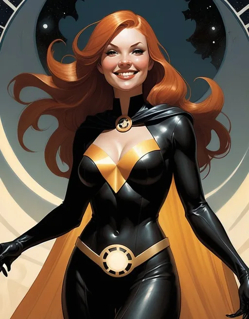 Prompt: Helene Helia, the cloaked superhero known as The Solar Sorceress, beautiful, cute smile, well endowed, auburn hair, art deco patterns, hero, the bringer of light against the forces of darkness by Adam Hughes