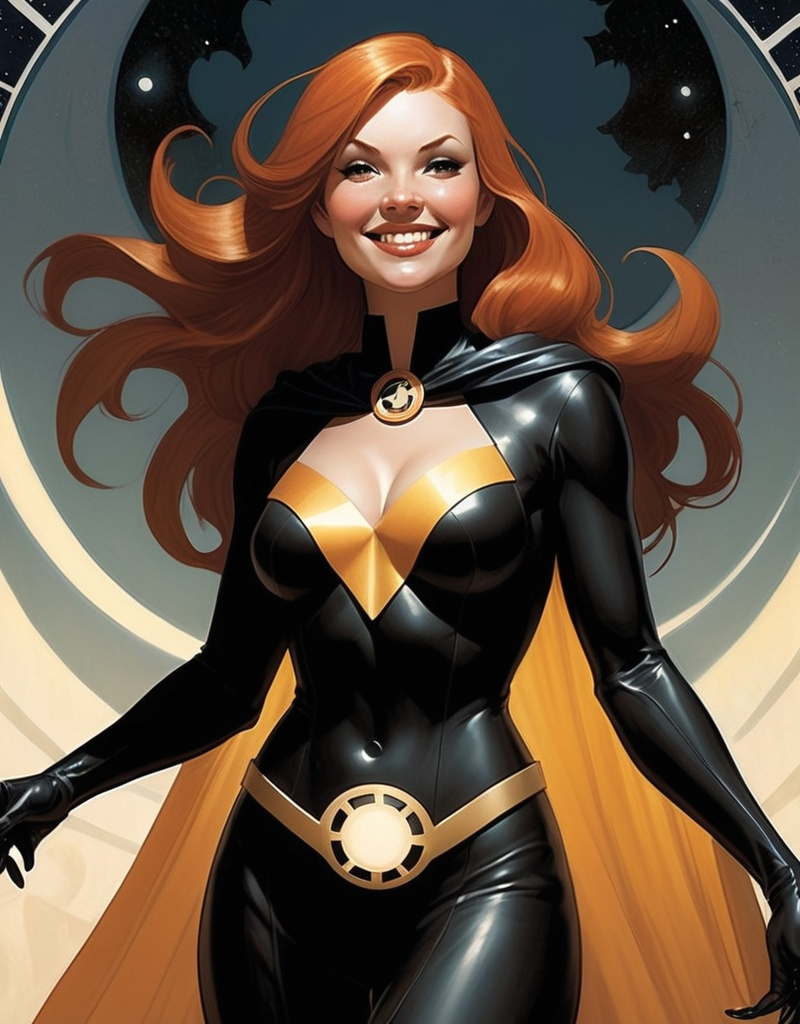 Prompt: Helene Helia, the cloaked superhero known as The Solar Sorceress, beautiful, cute smile, well endowed, auburn hair, art deco patterns, hero, the bringer of light against the forces of darkness by Adam Hughes