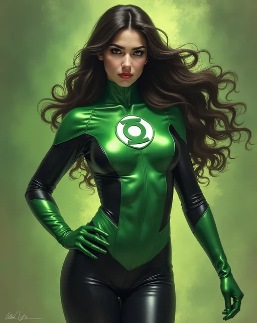 Prompt: Kat Dennings as Jessica Cruz Green Lantern by Alphonse Mucha