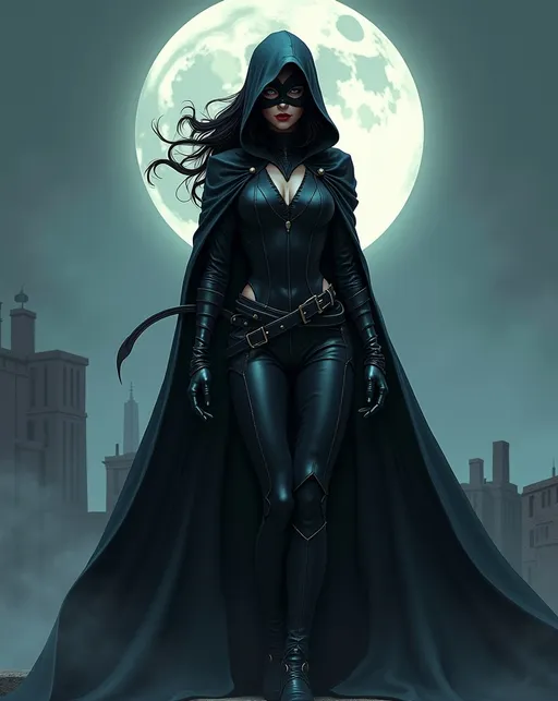 Prompt: Cloaked female superhero The Nightfaller, raven hair, beautiful, haunting, domino mask, a halo of the moon behind her, detailed, dark colors, dramatic, rooftop, fog, full body pose graphic novel illustration,  2d shaded retro comic book 