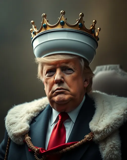 Prompt: Donald Trump as the King Of America with a toilet bowl on his head for a crown