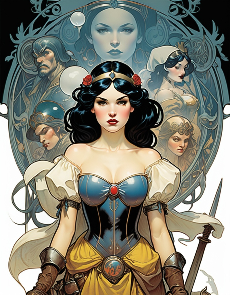 Prompt: Warrior Snow White comic book splash page by Alphonse Mucha