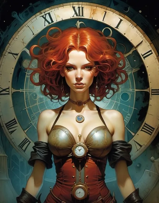 Prompt: Lynia Tempus, The Sorceress Of Time And Space, beautiful, well endowed, red hair, curls, a halo of clocks behind her by Ben Templesmith