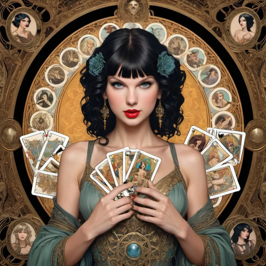 Prompt: Taylor Swift as Madame Xanadu with black hair, circled by her Tarot cards by Alphonse Mucha