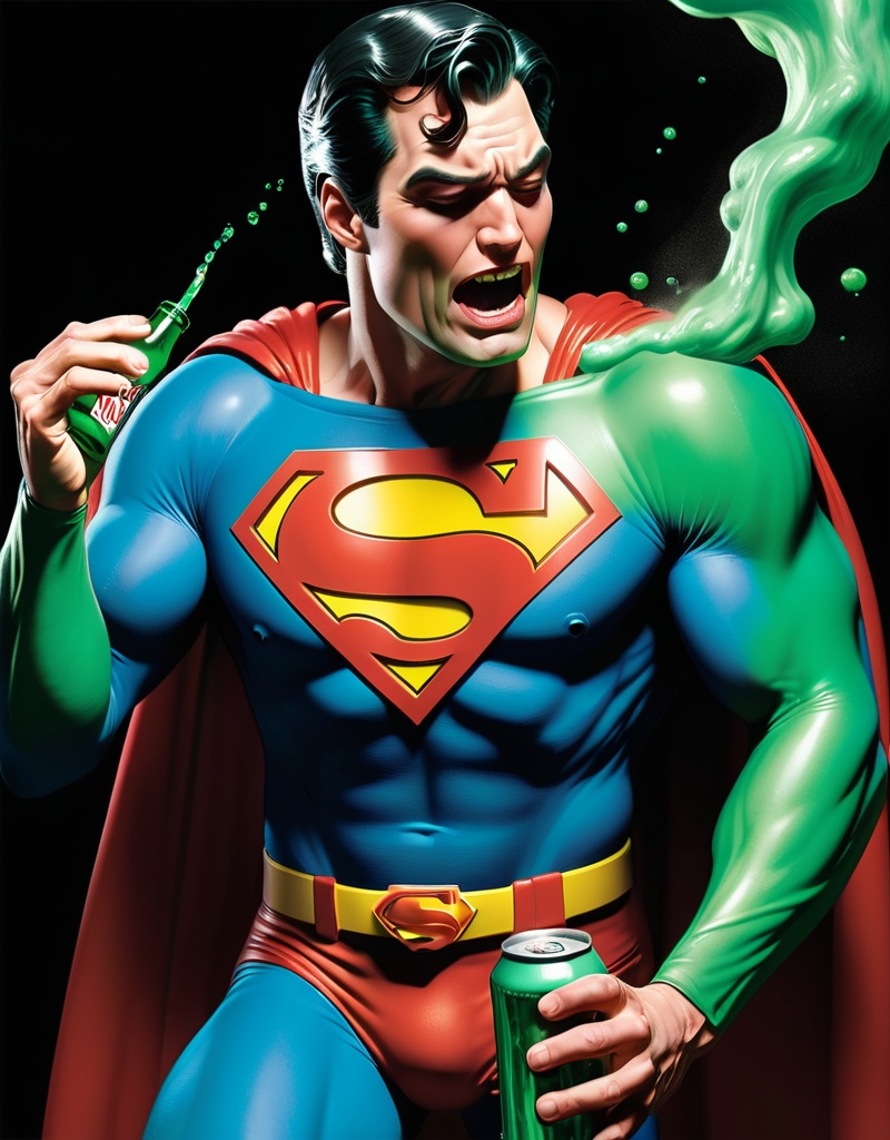 Prompt: Superman getting off his face falling down stoned on Green Kryptonite beer