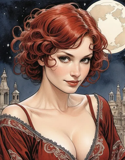 Prompt: Mage Crimson, paisley patterns, short 
 red hair, soft curls, well endowed, gentle smile, bohemian heroine of the night, here to save the world from dark magic, detailed, dark colors, dramatic, graphic novel illustration, 2d shaded retro comic book by Milo Manara