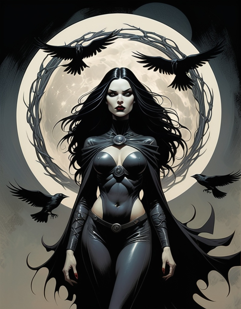 Prompt: Gothic female superhero The Witch Of Thorns, raven hair, beautiful, haunting,  well endowed, a halo of the moon, blood and thorns behind her, detailed, dark colors, dramatic, full body pose graphic novel illustration,  2d shaded retro comic book by Dave McKean